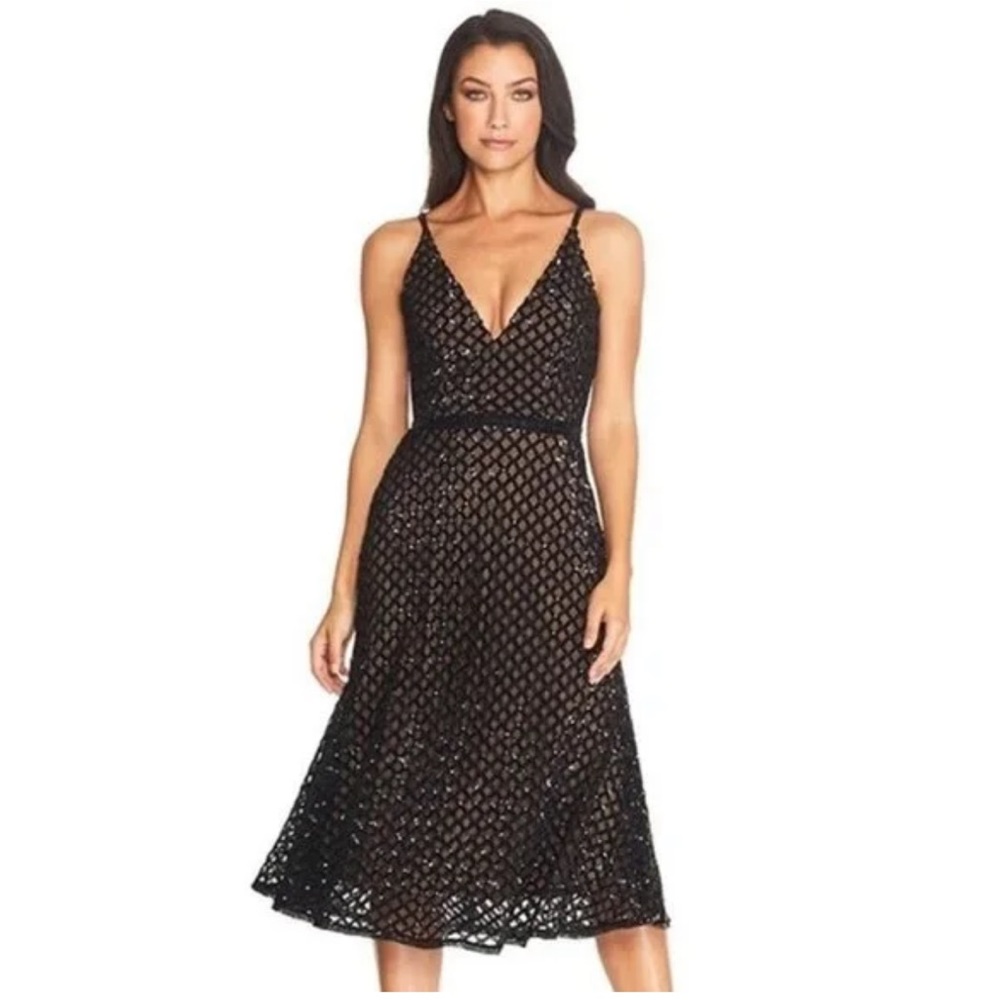 Dress the Population Gracie Black Sequin Midi Dress Size XS NWOT